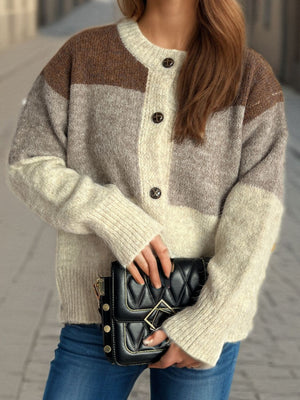 Colorblock crewneck button-down cardigan in acrylic with brown, gray, and beige panels.