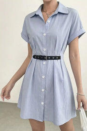 Button Up Short Sleeve Shirt Dress in Light Blue, front view