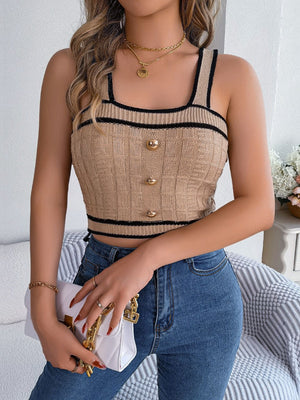 Tan knit tank top with black contrast trim and gold buttons.