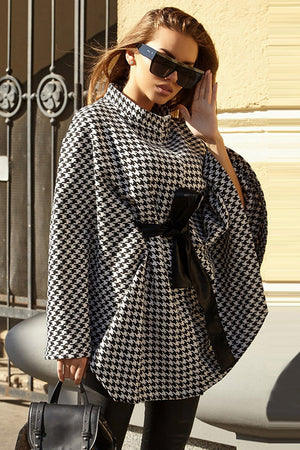 Houndstooth cape trench coat with black bow belt and high neck