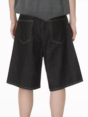 Men's black cotton denim shorts with contrast stitching and two back pockets.