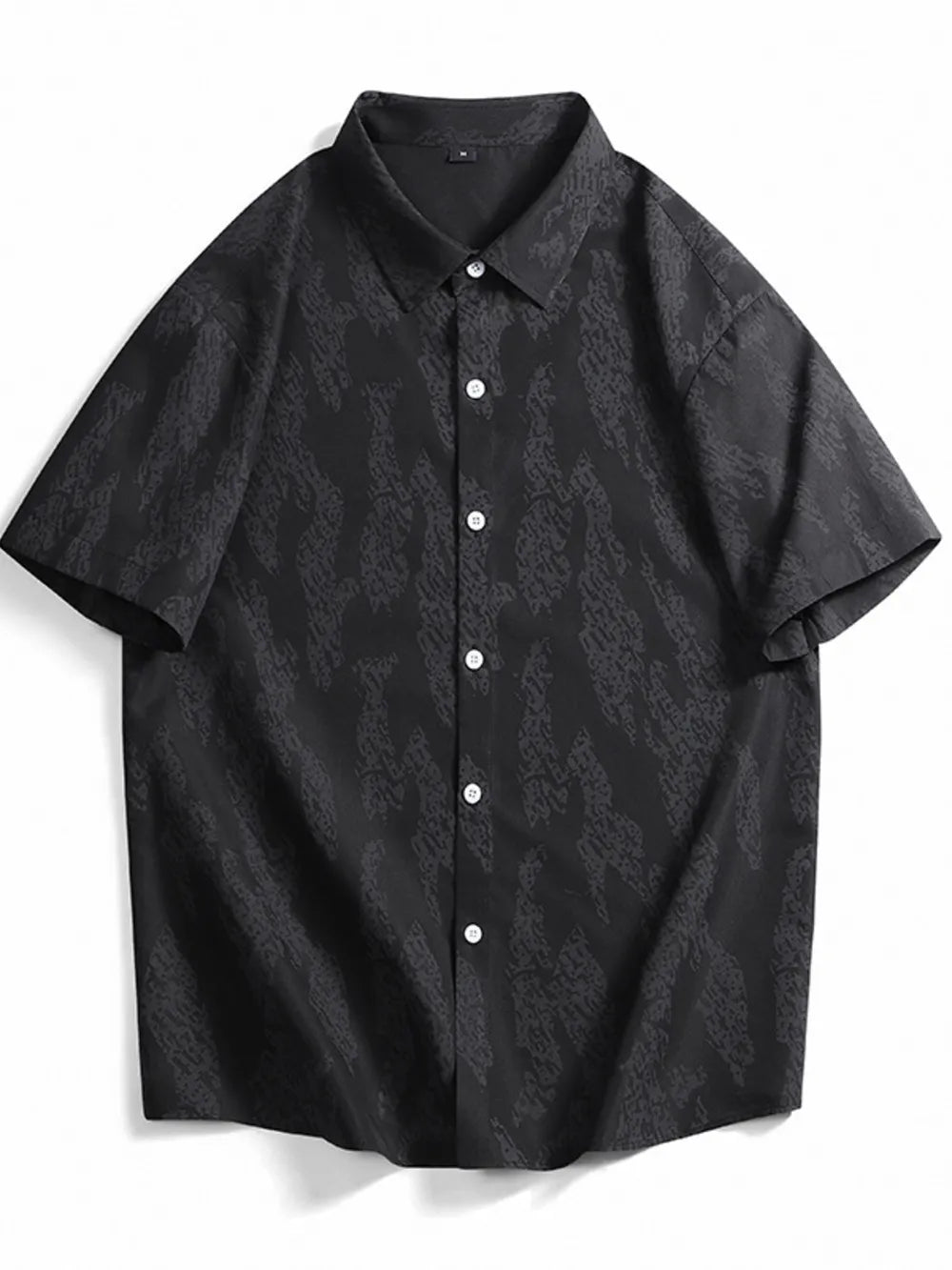 Black cotton button-up shirt with abstract pattern