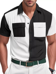 Two-tone black and white textured short sleeve button-down shirt with two chest pockets.