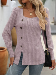 Lilac ribbed knit top with square neck and side button detail.