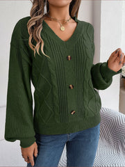 Army green cable knit button-front cardigan with V-neck and balloon sleeves.