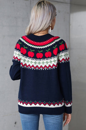 Dark blue acrylic sweater with festive Fair Isle apple motif and crewneck.
