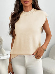 Cream ribbed knit sleeveless mock neck top with ribbed trim