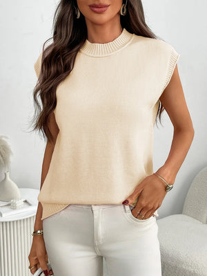 Cream ribbed knit sleeveless mock neck top with ribbed trim