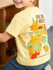 Yellow cotton t-shirt with a dinosaur map graphic and text.