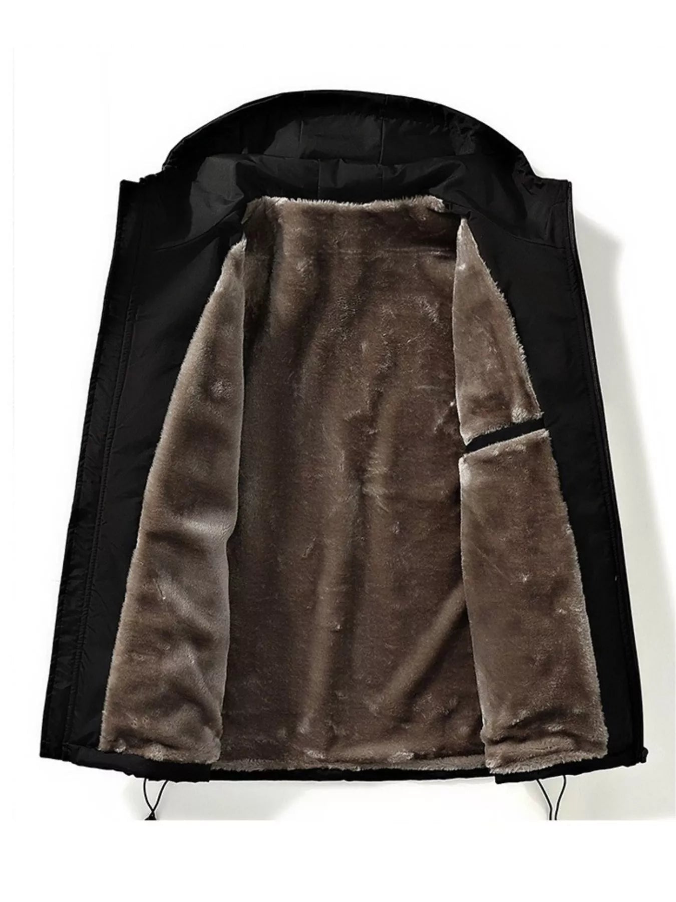 Black hooded utility jacket with plush lining and drawstring hem