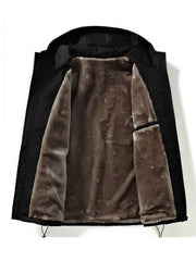 Black hooded utility jacket with plush lining and drawstring hem