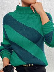Diagonal stripe turtleneck knit sweater in dark green and green acrylic.
