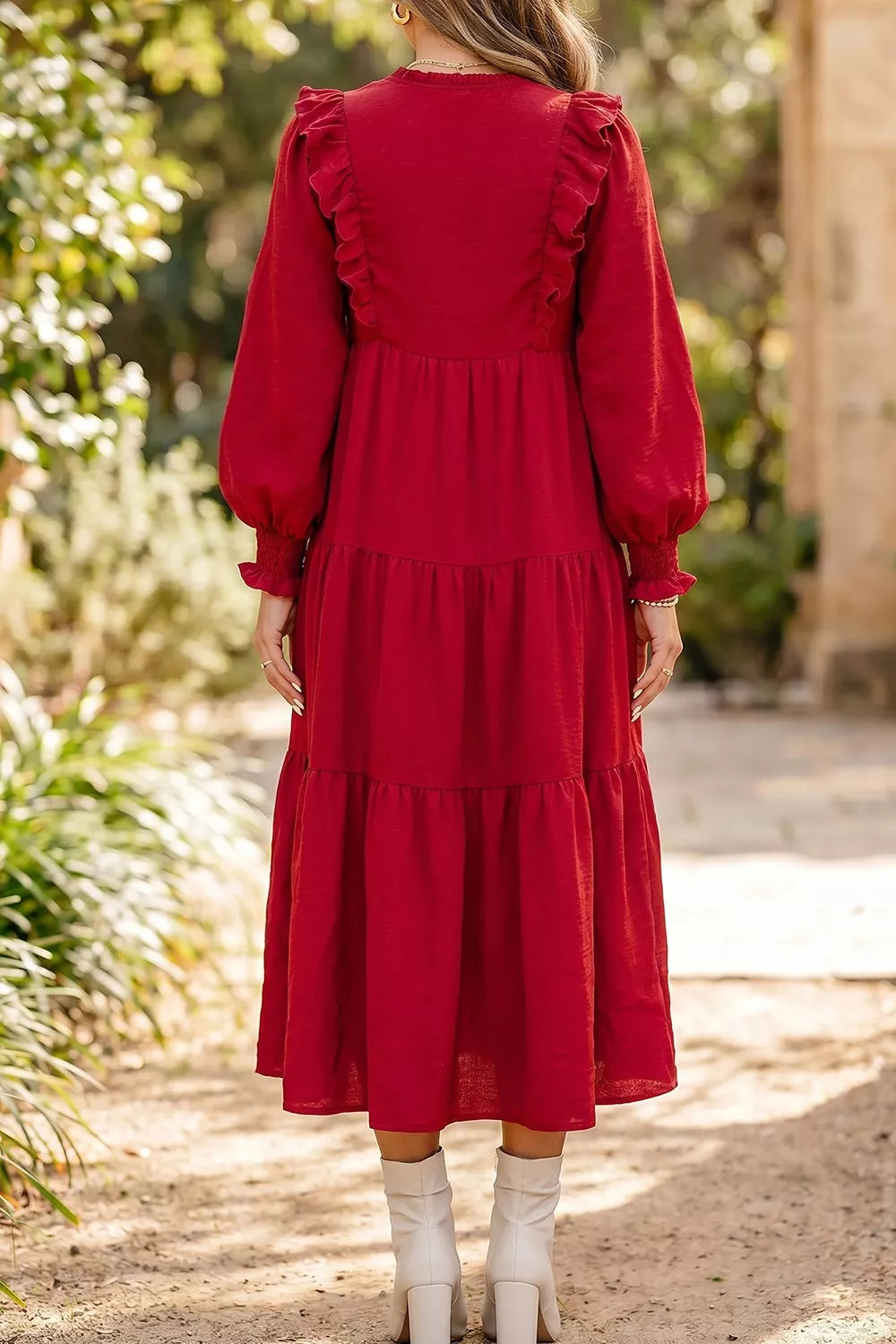 Solid Color Ruffle Trim Tiered Midi Dress, side view