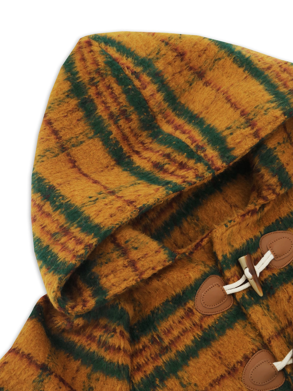 Tartan toggle hooded coat in mustard with green stripes and leather details.