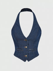 Halter Neck Denim Vest And Wide-leg Jeans Set, alternate angle