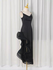 Spaghetti Strap Ruffle Slit Maxi Dress in Black, back view