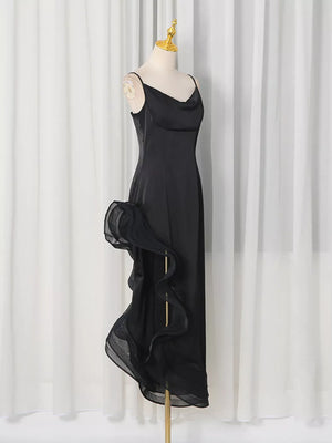 Spaghetti Strap Ruffle Slit Maxi Dress in Black, back view
