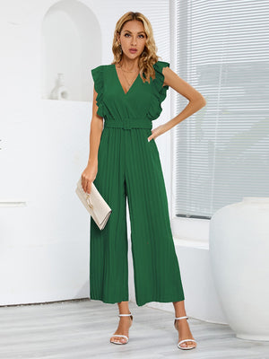 Dark green pleated ruffle wrap jumpsuit with belt and V-neck.