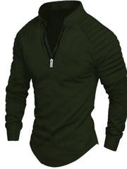 Army green pullover shirt with zip neck and pleated sleeves