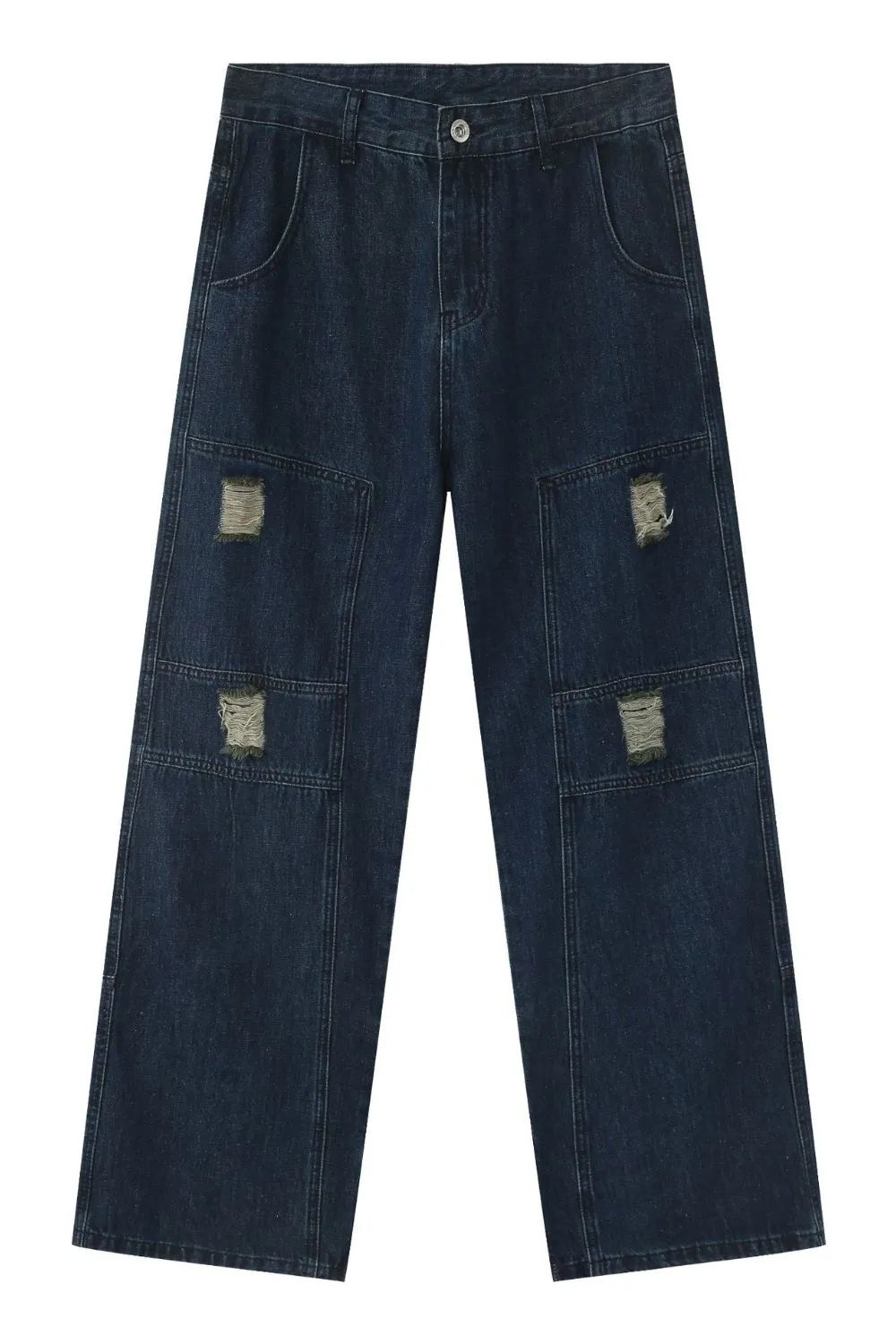 Dark wash denim wide-leg jeans with distressed panel pockets and a relaxed fit.