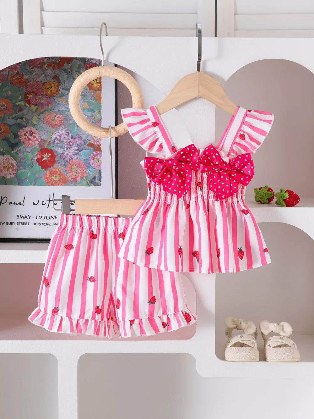 Children's Bow Ruffled Striped Top And Shorts Set in Pink, side view