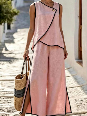 Contrast Trim Top And Slit Pants Set, alternate angle