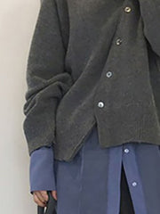 Dark Gray asymmetric button-up knit cardigan with a relaxed fit and button closure.
