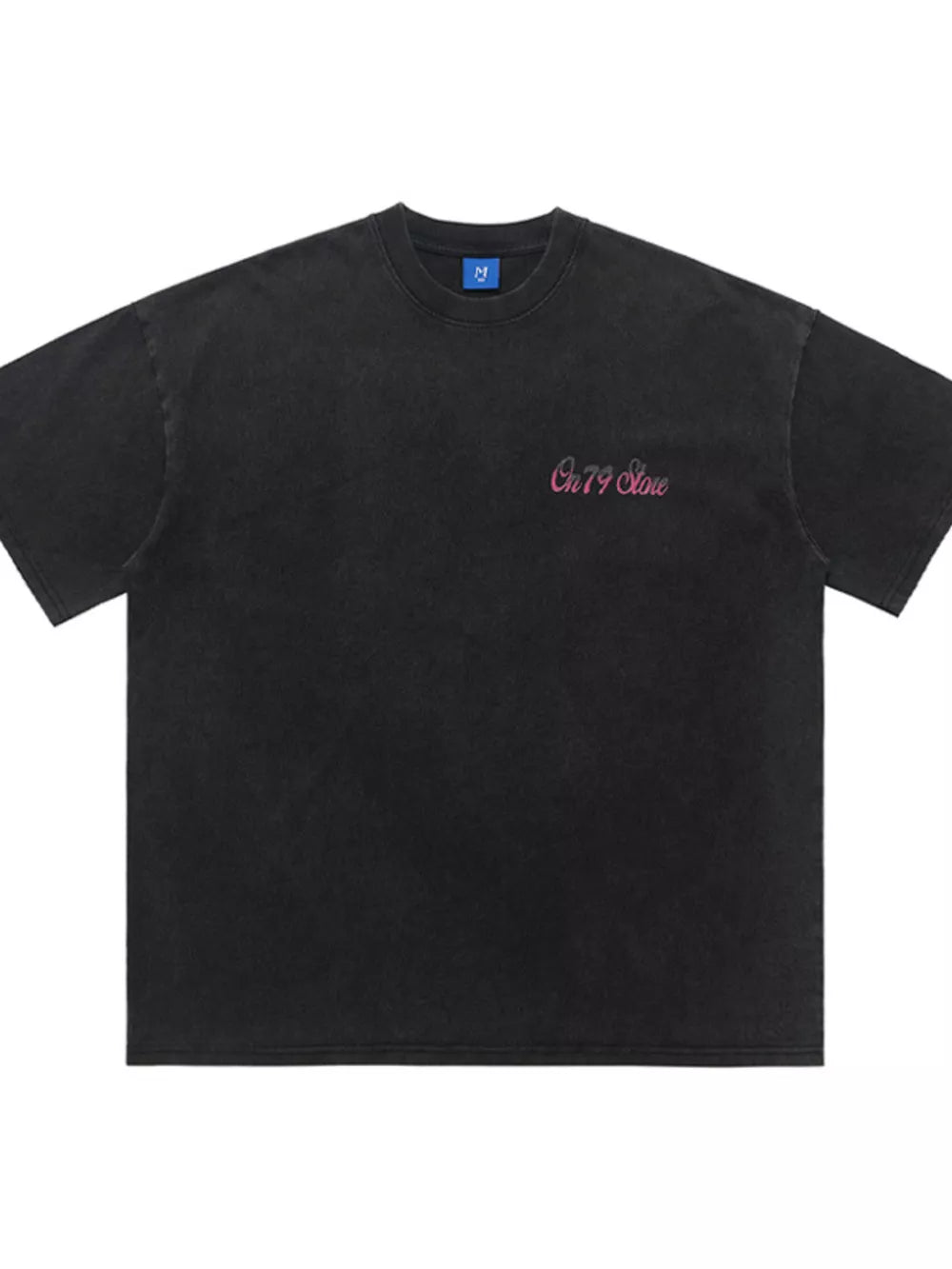 Black cotton t-shirt with pink retro graphic and crew neck.