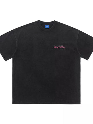 Black cotton t-shirt with pink retro graphic and crew neck.