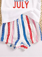 Baby girls' two-piece set with white top and striped shorts in red, white, and blue.