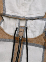 Longline plaid hoodie jacket in camel with zipper and drawstring hood detail.