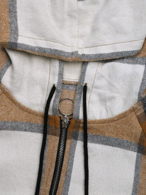 Longline plaid hoodie jacket in camel with zipper and drawstring hood detail.