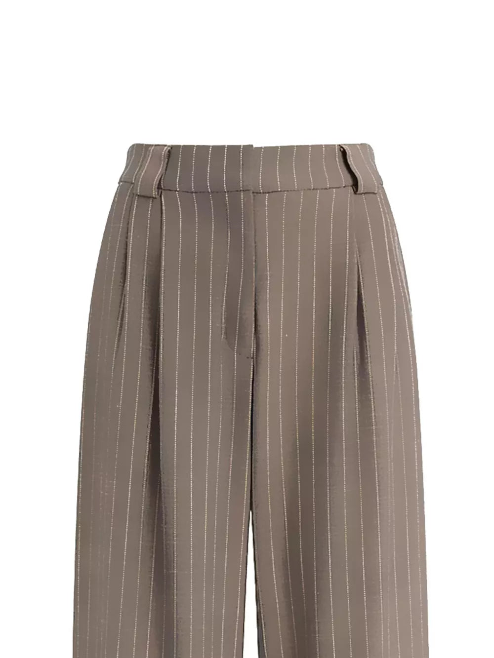 Elegant high-waisted beige pinstripe maternity trousers with pleats.