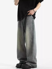Men's relaxed fit vintage wash jeans in grey cotton blend, baggy cut