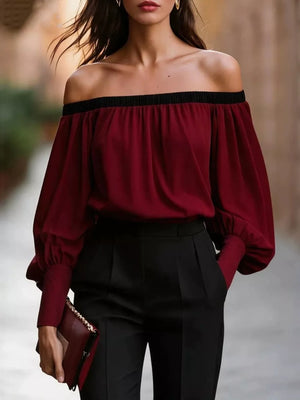 Off-shoulder Ruched Top in Black, back view