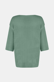 Flared sleeve V-neck knit sweater in Gum Leaf with ribbed cuffs and hem.
