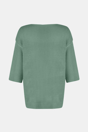 Flared sleeve V-neck knit sweater in Gum Leaf with ribbed cuffs and hem.