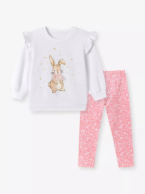Children's Bunny Graphic Sweatshirt And Leggings Set in White, side view