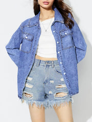 Acid wash denim overshirt in medium blue with two chest pockets and button front.