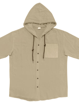 Men's tan button-down hooded shirt with short sleeves and a chest pocket.