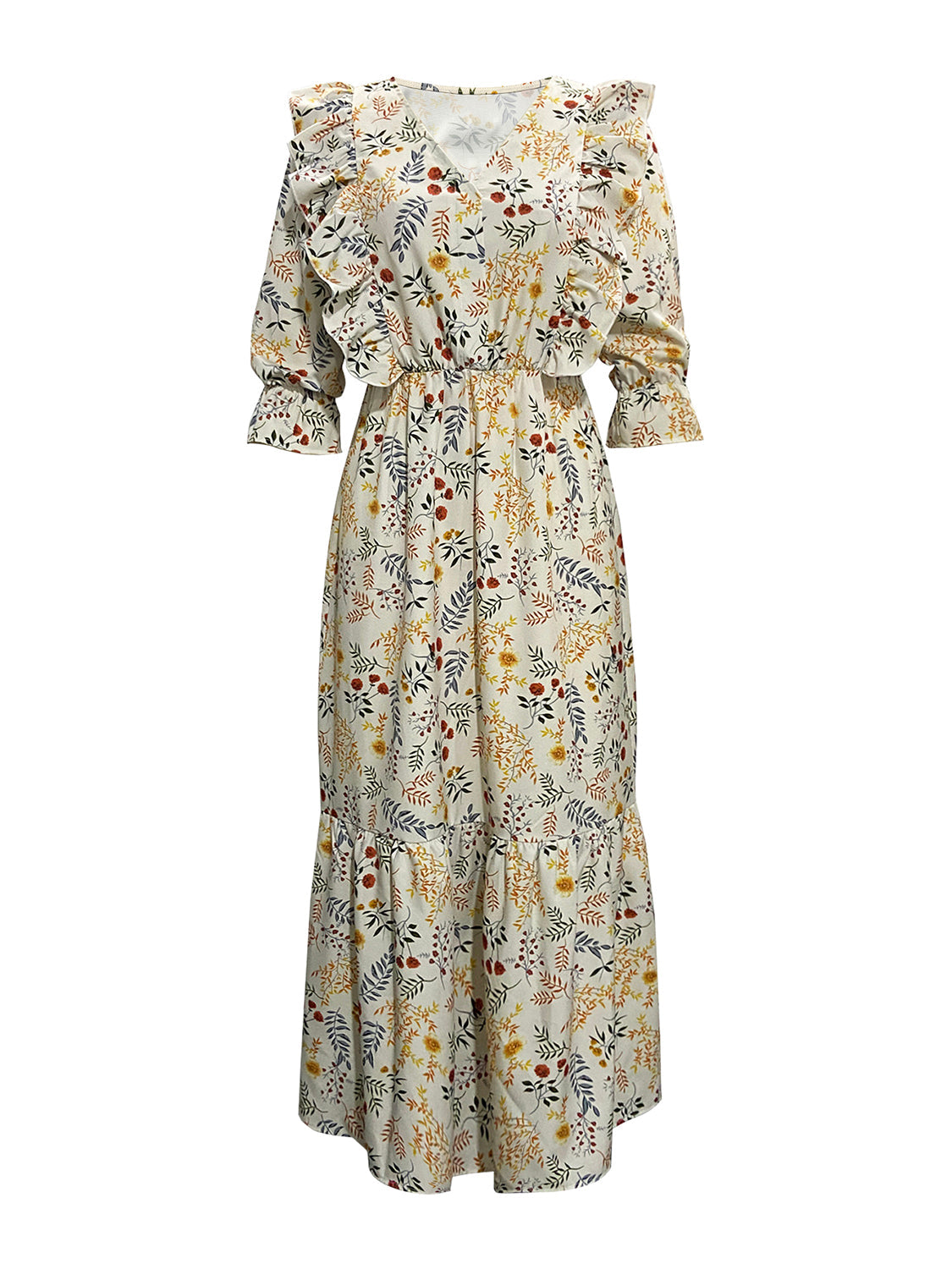 Floral wrap midi dress with ruffled shoulders and tiered hem