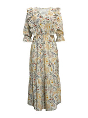Floral wrap midi dress with ruffled shoulders and tiered hem