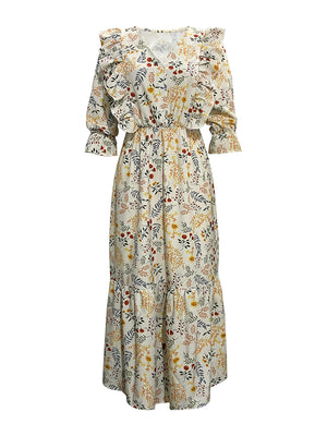 Floral wrap midi dress with ruffled shoulders and tiered hem