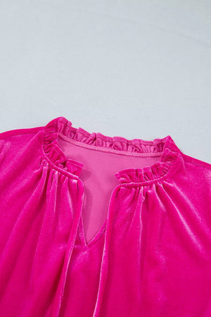 V Neck Velvet Ruffled Cuffs Long Sleeve Top in Hot Pink, back view