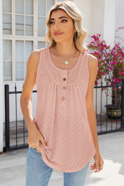 Blush pink eyelet tank top with button front and gathered neckline.