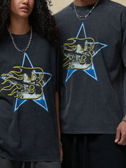 Black vintage graphic tee with star and flame design