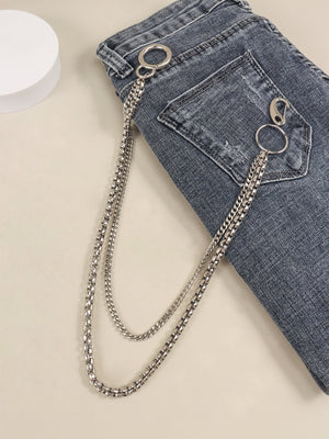 Silver double-strand chain pant accessory with lobster clasp and O-ring detail.