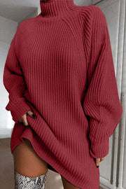 Deep Red ribbed knit cocoon turtleneck dress with long sleeves and a relaxed fit.