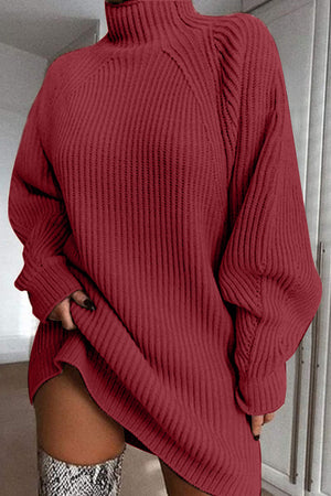 Deep Red ribbed knit cocoon turtleneck dress with long sleeves and a relaxed fit.