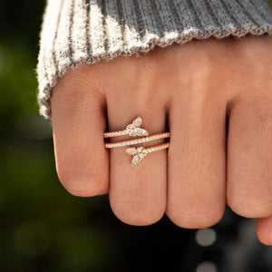 Gold bypass ring with two diamond-accented butterflies, 18K gold-plated